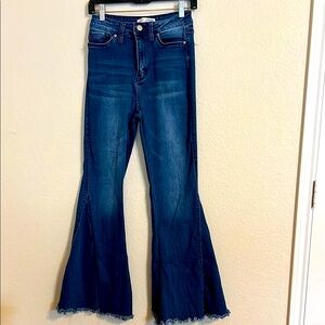 YMI Blue Flare Wide Leg Jeans with Frayed Hem